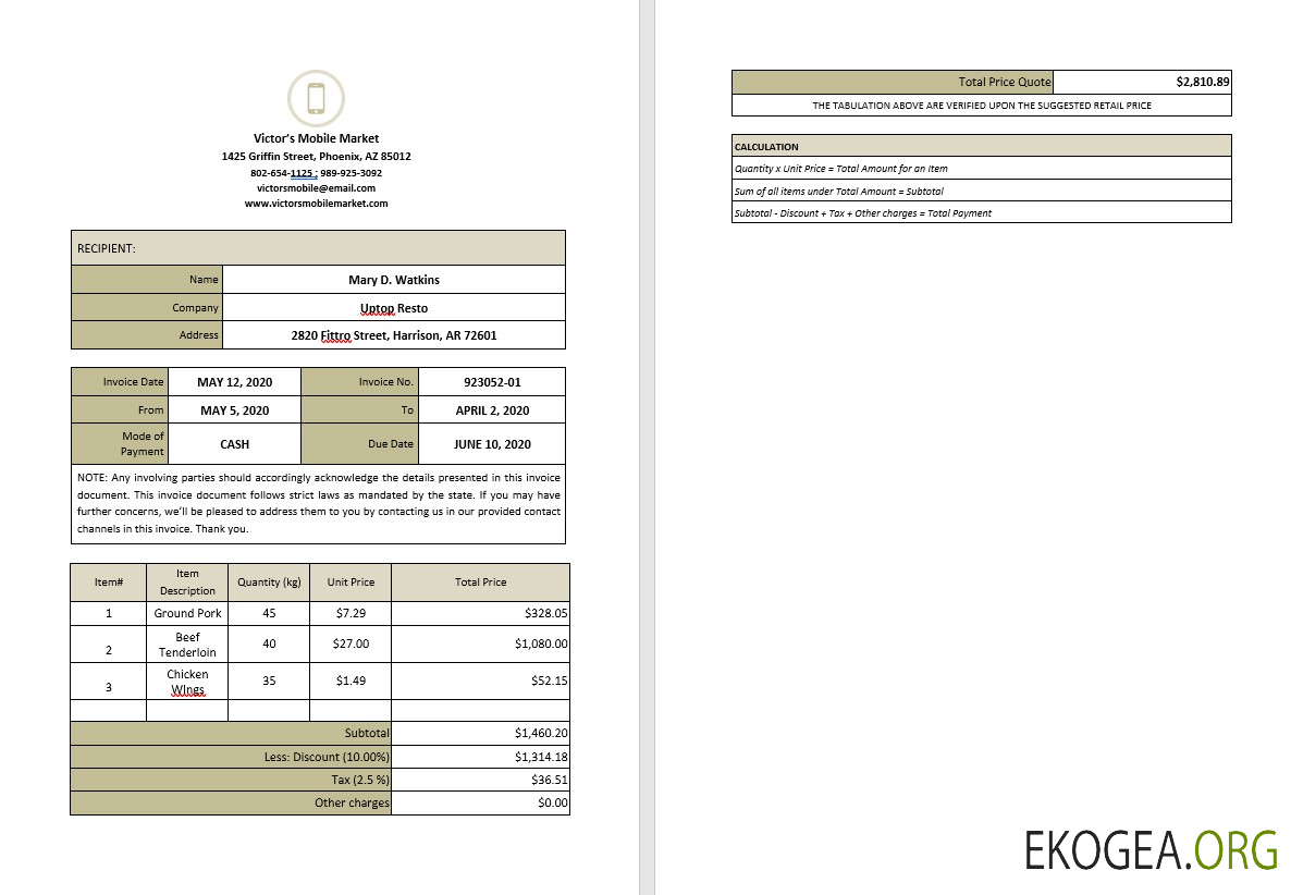 Modèle de facture de travail vierge à domicile